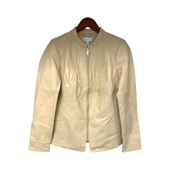 Denim & Co. Jackets & Blazers - Studio by Denim & Co. Faux Leather Zip Front Peplum Jacket Beige - Regular